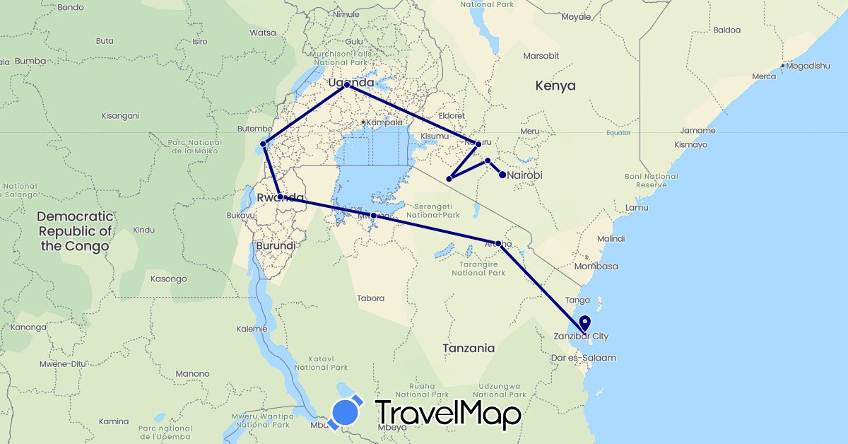 TravelMap itinerary: driving in Democratic Republic of the Congo, Kenya, Rwanda, Tanzania, Uganda (Africa)